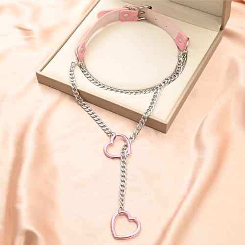 Leather Choker Slip Chain Necklace Stainless Steel Cuban Link Long Necklaces Gothic Punk Heart Chain Necklace Handmade Collars for Women - color: Pink+Silver