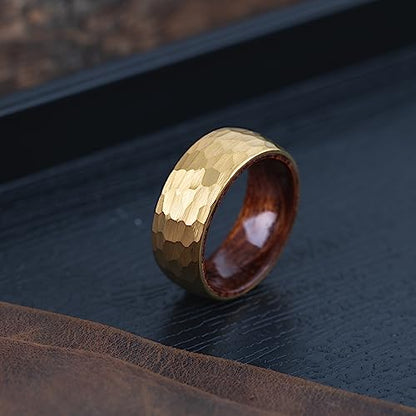8mm Tungsten Carbide Genuine Natural Koa Wood Inner Inlay Ring Black/Gold/Silver/Rose Gold Wedding Band Hammered Textured Flat Style Comfort Fit Gift Box Included - color: Hammered Gold Tungsten