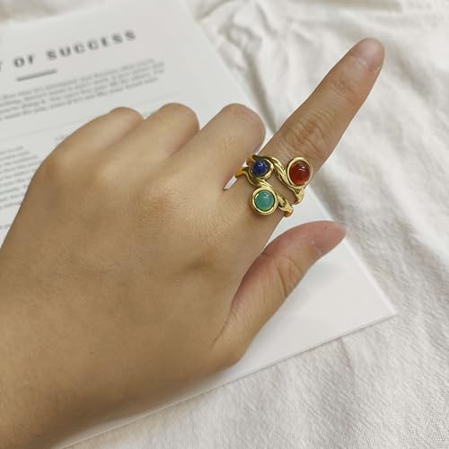 Gold Statement Ring, Vintage Adjustable Natural Stone Ring with Lapis Lazuli, Red Agate, Amazonite, Boho Jewelry for Women