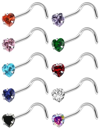 ASTM F136 Titanium Nose Rings 18G 20G 22G Mix Color Heart Cubic Zirconia Nose Studs Ring Screw L-Shaped Bone Hypoallergenic Body Piercing Jewelry for Women 3mm 10PCS - style: Screw:22G(0.6mm)