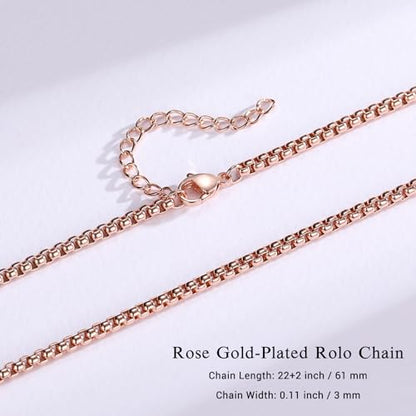 Eusense Stainless Steel Chain Necklace for Men Women Rolo/Wheat/Snake/Box Chain, 2-3MM, 20-24 Inches with Delicate Gift Box - color: Rose Gold-Plated, size: 22+2 Inches Length, style: Rolo Chain-3MM Width