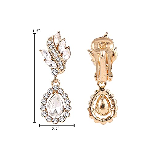 EleQueen Women's Austrian Crystal Art Deco Tear Drop Dangle Earrings Clip-on - color: 04-Gold-tone Clear