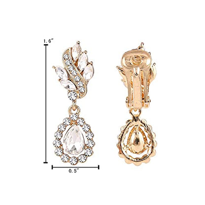 EleQueen Women's Austrian Crystal Art Deco Tear Drop Dangle Earrings Clip-on - color: 04-Gold-tone Clear