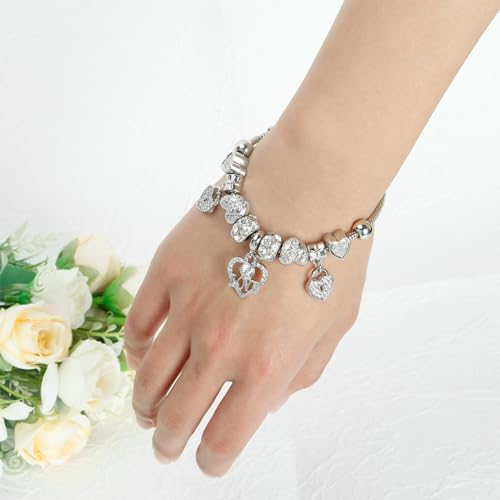 Silver Cross Heart Glass Bead Snake Charm Bracelet Jewelry Gifts for Women | Elegant Bracelet with Heart Beads, Silver Cross and Snake Chain Design, Stylish Daily Jewelry, Ideal Birthday Gift for Ladies