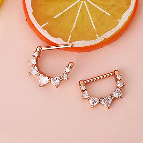Melighting 2pcs 14G Nipple Rings Surgial Steel 316L Piercing Jewelry Shiny Heart Clear CZ Nipple Bars Rose Gold 14mm - color: rose gold