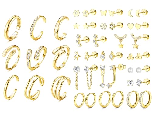 Hypoallergenic Flat Back Earrings Cartilage Earring Stacks for Sensitive Ears - Toe Rings for Women 14K Gold Filled Simple Hug CZ Triple Open Band Rings