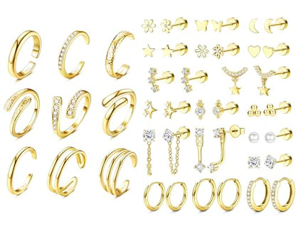 Hypoallergenic Flat Back Earrings Cartilage Earring Stacks for Sensitive Ears - Toe Rings for Women 14K Gold Filled Simple Hug CZ Triple Open Band Rings