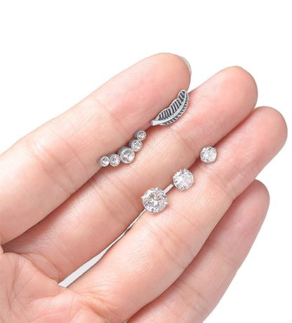 Tornito 9-30Pcs Cartilage CZ Stud Earrings Conch Forward Helix Tragus Daith Piercing Lip Rings Snake Heart Butterfly Jewelry for Women Men 16G Silver Gold Tone - color: C1:19PCS, Silver Tone