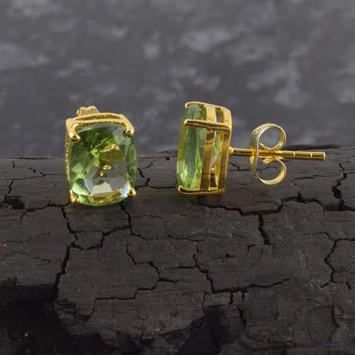 Women's 18K Gold Plated 8x10mm Princess Cut Gemstone Stud Earrings – Birthstone Jewelry for Her – Classic Cushion Studs - color: Green Amethyst