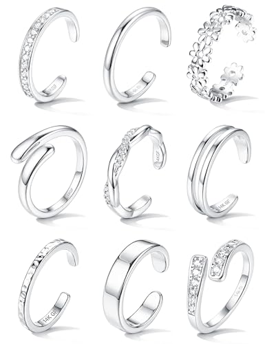 FASACCO 9Pcs 14K Gold Filled Toe Rings Non Tarnish Toe Rings for Women | Adjustable Open Band Ring, Silver Plated Toe Ring, Waterproof Summer Beach Foot Jewelry - color: Silver-CZ