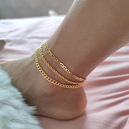 DEARMAY Gold Anklets for Women Waterproof | Non Tarnish14K Gold Plated Ankle Bracelets Set Stack, Summer Beach Jewelry Gifts for Vacation - color: Gold Anklet-G