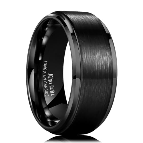 King Will Classic Tungsten Wedding Band for Men, 6/7/8/9/10mm Widths, Polished Finish Step Edge Matte Rings Comfort Fit - color: B-Black 10mm