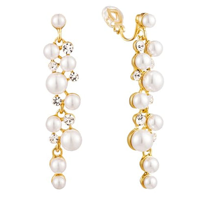 Clip On Earrings Simulated Pearl Wedding Bridal Dangling Dangle Clip Earrings for Women Non-pierced - color: Gold