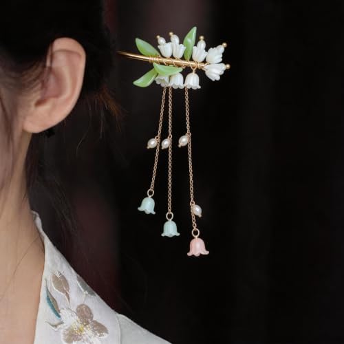8 Pcs Chinese Hair Sticks Set, Gold and White Japanese Hair Pin (Alloy) | Pearl Tassel Lily of the Valley Metal Flower Hairpins, Asian Traditional Styling Accessories for Women Buns - color: Alloy