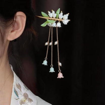8 Pcs Chinese Hair Sticks Set, Gold and White Japanese Hair Pin (Alloy) | Pearl Tassel Lily of the Valley Metal Flower Hairpins, Asian Traditional Styling Accessories for Women Buns - color: Alloy