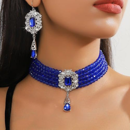 Missgrace Women Silver Black Green Red Rhinestone Crystal Tassels Bridal Necklace Earrings Sets Teardrop Necklace Dangle Earrings Set for Wedding Brides Bridesmaid - color: Blue