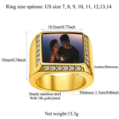 FindChic Customized Signet Photo Rings Square/Heart/Round Chunky Band Ring Stainless Steel/18K Gold Plated/Black Size 7 to 14 Personalized Jewelry for Men Women, Send Gift Box - color: 01. square (gold)