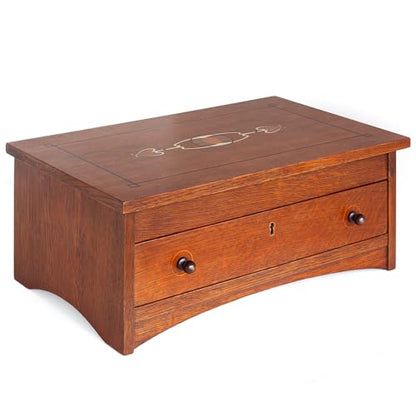 Harvey Ellis Wooden Jewelry Box, Solid Quartersawn Oak | Onondaga Brown Finish, Inlay, Velvet-Lining, Ring Holder, Drawer w/ 2 Keys, 18in W x 11in D x 7.5in H, 18in H Lid Open