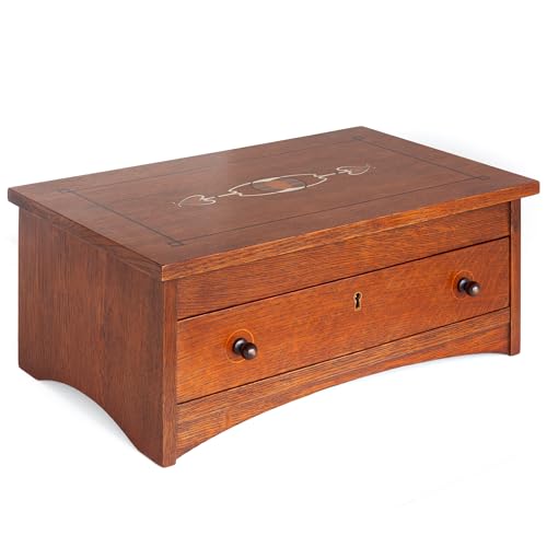 Harvey Ellis Wooden Jewelry Box, Solid Quartersawn Oak | Onondaga Brown Finish, Inlay, Velvet-Lining, Ring Holder, Drawer w/ 2 Keys, 18in W x 11in D x 7.5in H, 18in H Lid Open