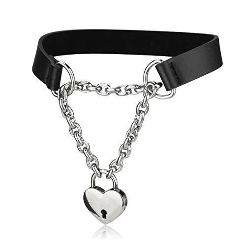 Goth Choker Necklaces for Women, Black Choker and Heart Padlock Day Collar with Key, Black PU Leather Choker Collar for Women