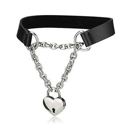 Goth Choker Necklaces for Women, Black Choker and Heart Padlock Day Collar with Key, Black PU Leather Choker Collar for Women