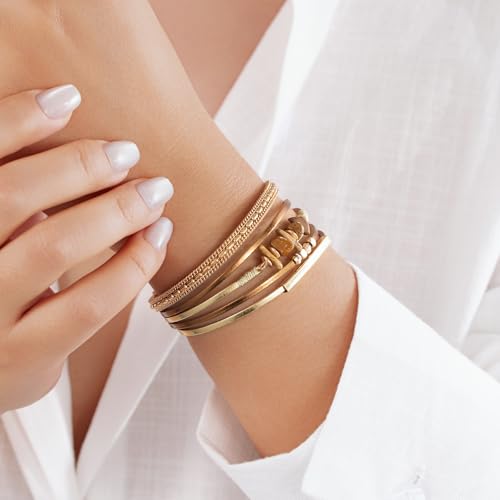 Boho Gemstone Beaded Leather Wrap Bracelets Stackable Chunky Cuff Bracelet Western Jewelry Cowboy Chic Country Concert Outfits for Women - color: Gold