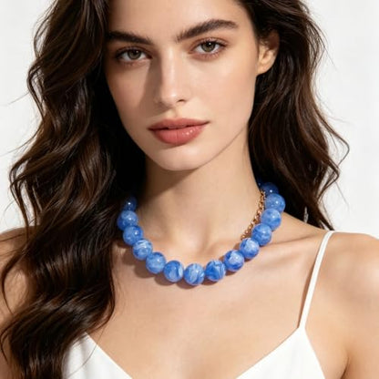 Chunky Beaded Necklace for Women Trendy Boho Collar Statement Necklace Large Round Resin Beads Choker Necklaces Summer Beach Jewelry Gifts - color: Clear Blue
