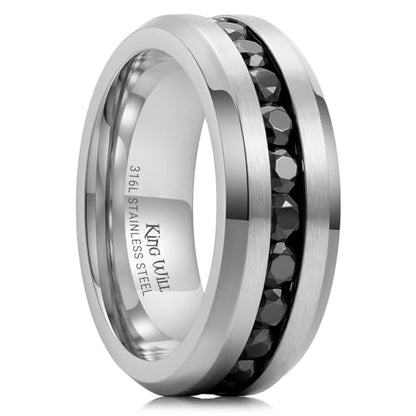 King Will 316L Stainless Steel Wedding Band for Men Cubic Zirconia Inlay | Silver-Tone, 6/7/8mm, Comfort Fit, Durable, Zirconia inlay, Promise Gift - color: Steek-Black-8mm