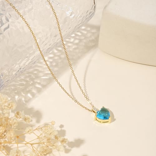 Heart Birthstone Necklace for Women, 14K Gold Plated Birthstone Pendant Necklace Cubic Zirconia Diamond Necklace Dainty Gold Necklace Birthday Gifts for Women Girls - color: 03. March(Aquamarine)