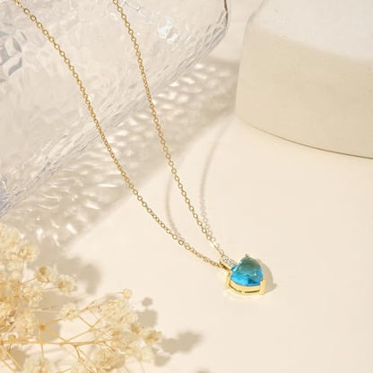 Heart Birthstone Necklace for Women, 14K Gold Plated Birthstone Pendant Necklace Cubic Zirconia Diamond Necklace Dainty Gold Necklace Birthday Gifts for Women Girls - color: 03. March(Aquamarine)