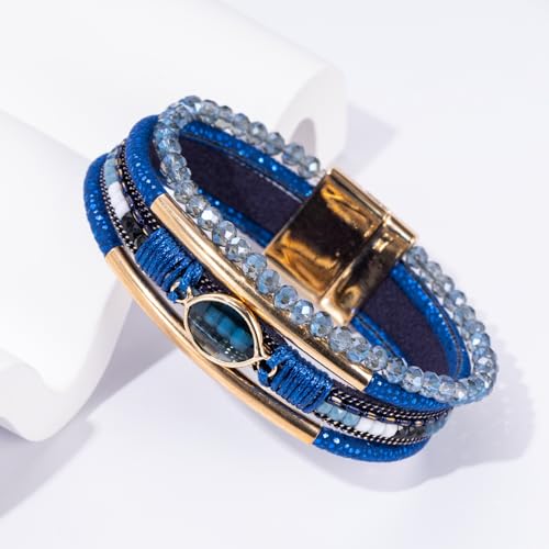 Boho Leather Wrap Bracelets Beaded Stackable Cuff Bracelet Country Concert Outfits Cowboy Cowgirl Western Jewelry Gifts for Women - color: Crystal-Blue