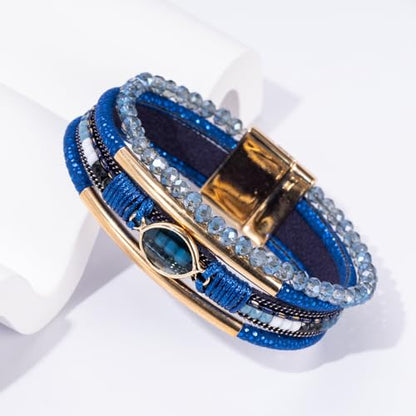 Boho Leather Wrap Bracelets Beaded Stackable Cuff Bracelet Country Concert Outfits Cowboy Cowgirl Western Jewelry Gifts for Women - color: Crystal-Blue