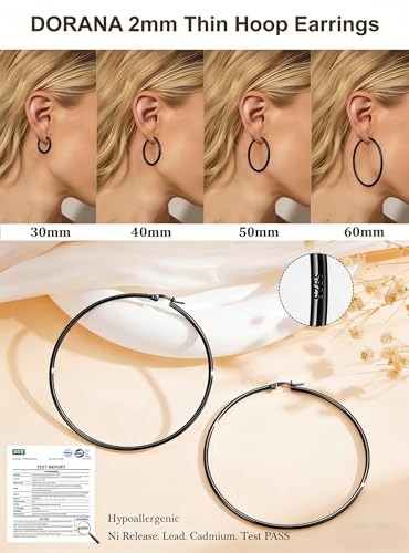 2mm Thin 14K Gold Plated Large S925 Sterling Silver Hoop Earrings for Women Hypoallergenic Big Hoop Non Tarnish Earrings Lightweight 20/30/40/50/60/70mm - color: Black-70mm