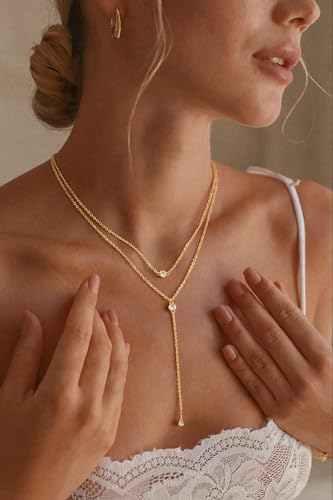 14K Gold Plated Layered Lariat Necklace for Women - Waterproof Non-Tarnish Dainty Gold Chain Necklace, Long Boho Statement Jewelry for Wedding, Prom, Summer Vacation Gifts - color: Layered CZ Y Necklace-Gold