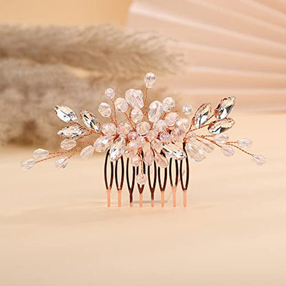 Teyglen Dainty Simple Rhinestone Wedding Hair Comb, Rose Gold - Luxurious Shiny Crystal Bridal Side Hair Pieces, Hair Accessories for Women and Girls - color: Rose Gold