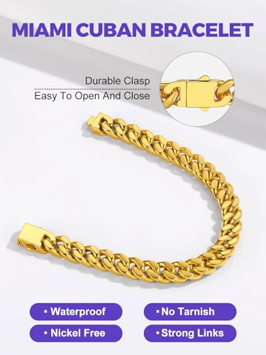 Richsteel Gold/Black/Silver Cuban Link Bracelet for Men,5/7/9/12MM Width | 316L Stainless Steel Chain Wrist Bracelet, Waterproof, No Tarnish, Hypoallergenic Hip Hop Jewelry, with Gift Box - color: 02-Gold Plated 9mm Width