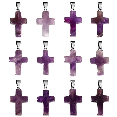 12PCS Natural Stone Cross Pendant Gemstone Charms Bulk for Jewelry Making | Healing Crystal Quartz Chakra Reiki Gemstone Pendants Charms Bulk for Necklace Craft - color: Amethyst Cross