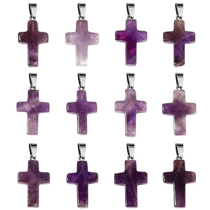 12PCS Natural Stone Cross Pendant Gemstone Charms Bulk for Jewelry Making | Healing Crystal Quartz Chakra Reiki Gemstone Pendants Charms Bulk for Necklace Craft - color: Amethyst Cross