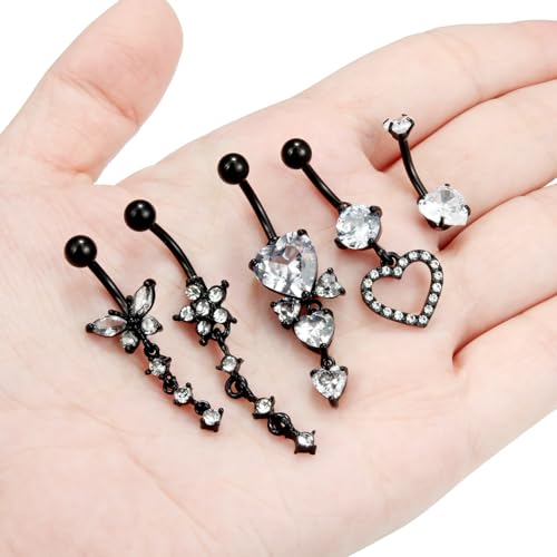 Vsnnsns 14G Dangle Belly Button Ring Piercing Jewelry 316L Stainless Surgical Steel Snake Heart Butterfly Flower Diamond CZ Navel Rings Dangling Belly Button Ring Piercing Jewelry for Women 14 Gauge - color: Black-Clear CZ