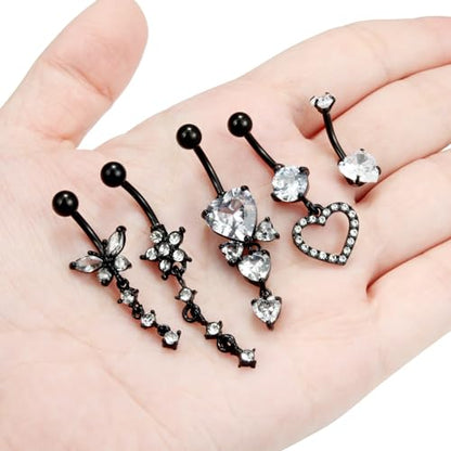 Vsnnsns 14G Dangle Belly Button Ring Piercing Jewelry 316L Stainless Surgical Steel Snake Heart Butterfly Flower Diamond CZ Navel Rings Dangling Belly Button Ring Piercing Jewelry for Women 14 Gauge - color: Black-Clear CZ