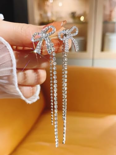 Gold Bow Earrings for Women, Long Tassel Chain Drop Earrings, Trendy Small Bow Earrings, Ribbon Waterfall Dangling Earrings, Pearl Bow Earrings, Sparkly Elegant Bowknot Preppy Jewelry Gifts for Women - color: Gold Bow-N