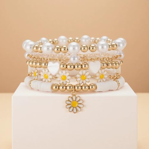 4Pcs Daisy Flower Stackable Bracelet Set for Women, White Faux Pearl Heart Beaded Boho Bracelets, Y2K Coquette Jewelry Gift