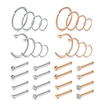 Mayhoop 20g Nose Rings Hoops And Studs For Women Men - Hypoallergenic 316L Surgical Stainless Steel L Shape Nose Screw Bone Silver Rose Gold Black Rainbow Pack 28Pcs - color: Nose Bone(Silver+Rose gold)