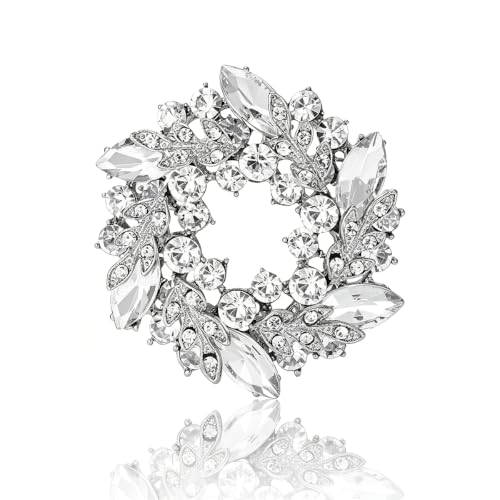 Rhinestone Flower Brooch for Women Sparkling Cubic Zirconia Wreath Brooch Pin Vintage Crystal Wheat Ear Flower Pin Elegant Clothing Hat Bag Accessories Christmas Wedding Bridal Birthday Jewelry - color: Silver