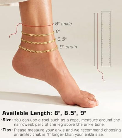 Gold Ankle Bracelets for Women 14K Gold Plated Waterproof Figaro Cuban Link Chain Anklets Set Adjustable Stackable Layered Dainty Ankle for Women Jewelry Graduation Gift for Her Mothers Day Gifts for Mom 4pcs 8.5"+1"