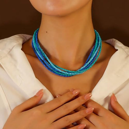 Handmade Colorful Multi-layered Multi Strand Seed Beaded Stackable Bohemian Braided Choker Necklaces for Women Summer Hawaiian Beach Holiday Boho Statement Jewelry - color: blue