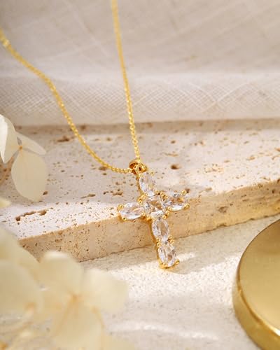 Cross Necklace for Women, 14K Gold Plated Cubic Zirconia Cross Pendant Necklace, Trendy Christian Jewelry Gifts for Baptism First Communion Christmas - color: Style D - Gold