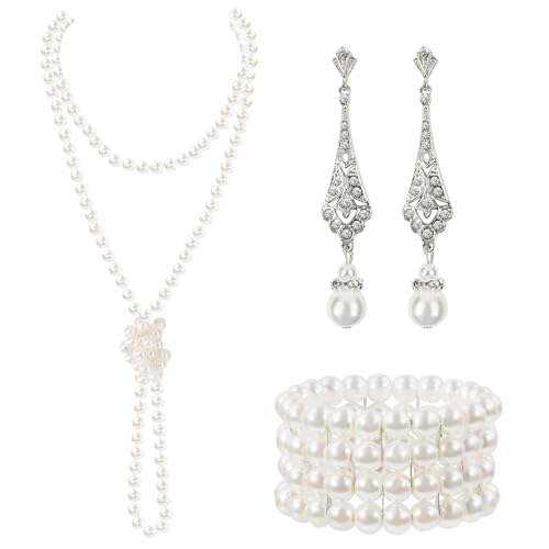 1920s Pearl Jewelry Set - Long Pearl Necklace, Earring Set, Multilayer Bracelet - Flapper Accessories for Women - color: Elegant