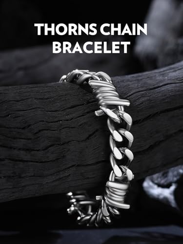 Bandmax Barbed Wire Chain Bracelets for Men Women Stainless Steel/Black/Gold Thorn Cuban Link Bracelet Adjustable Punk Emo Style Jewelry Gift - color: 10 12MM-Silver Tone