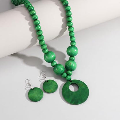 LOTSOF Boho Wooden Beaded Necklace and Earring Set for Women, Bohemian Chunky Statement Costume Jewelry, Round Drop Pendant Retro Ethnic Accessories Ladies Gift - color: Green